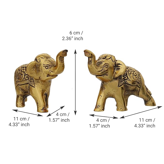 Ecraftindia Set of 2 Golden Metal Elephant Statues for Good Luck | Animal Figurines Decorative Elephant Showpieces
