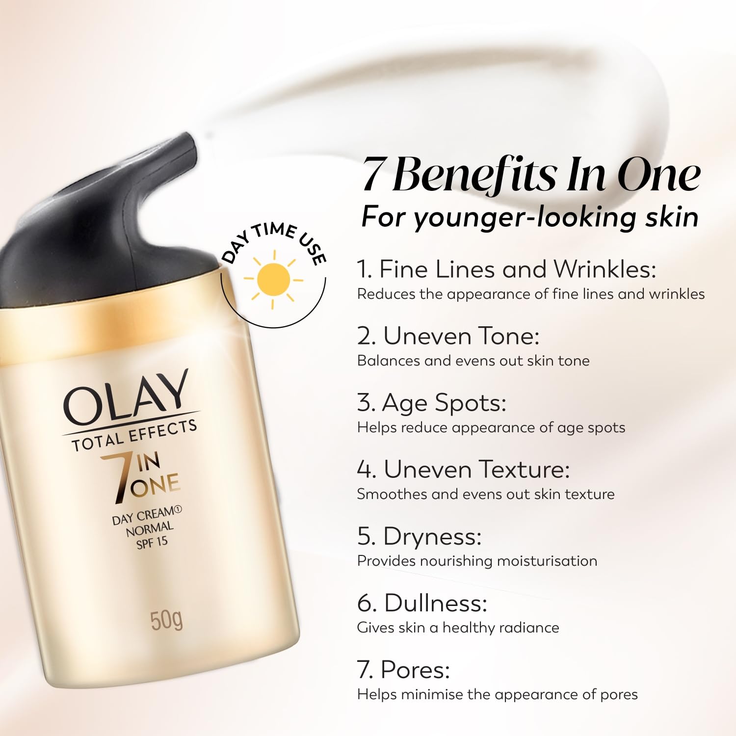 Olay Total Effects Day Cream |with Vitamin B5, Niacinamide, Green Tea, SPF 15 |Fights 7 signs of ageing for glowing, hydrated and younger looking skin with UV protection |Suitable for Normal, Dry, Oily & Combination skin |50 gm