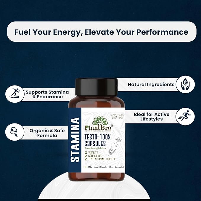 PlantBro Testo - 100x Capsules - 60 Capsules | 650 Mg | Helps in Supporting Endurance & Stamina