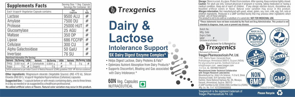 Trexgenics DAIRY & LACTOSE INTOLERENCE SUPPORT 9X Dairy Digest Enzyme Complex for Lactose, Dairy Fat, Protein and Carbs Digestion (60 Veg. Capsules) (Pack of 1)