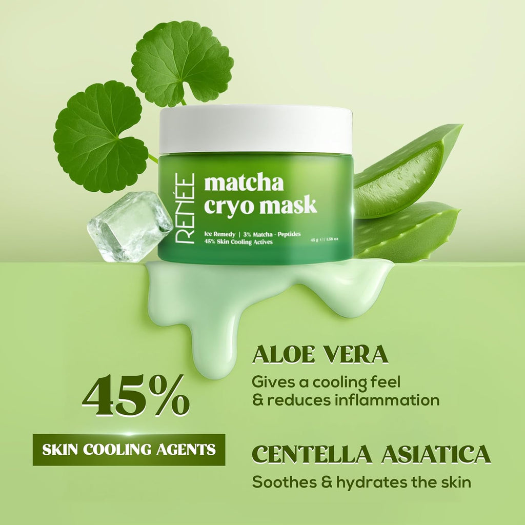 RENEE Matcha Cryo Face Cooling Mask | 45% Cooling Actives- Aloe Vera, Cica & Peptides | Depuffs, Hydrates, Refreshes Skin | 45 g