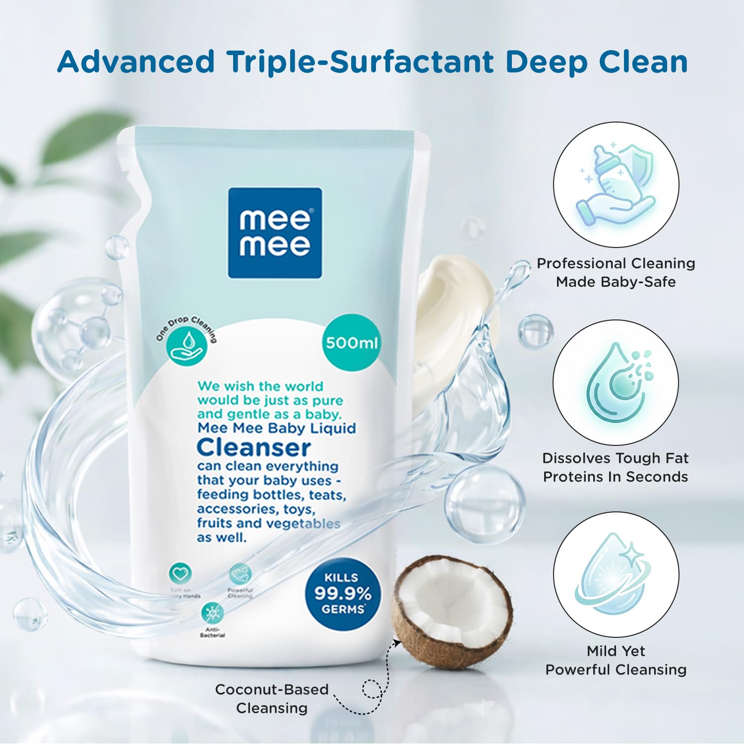 Mee Mee Liquid Cleanser 500 ml | Anti-Bacterial Formula Kills 99.9% Germs | For Bottles, Nipples, Accessories, Toys, Fruits & Vegetables | Alcohol-Free, One-Drop Cleaning, Dermatologically Tested