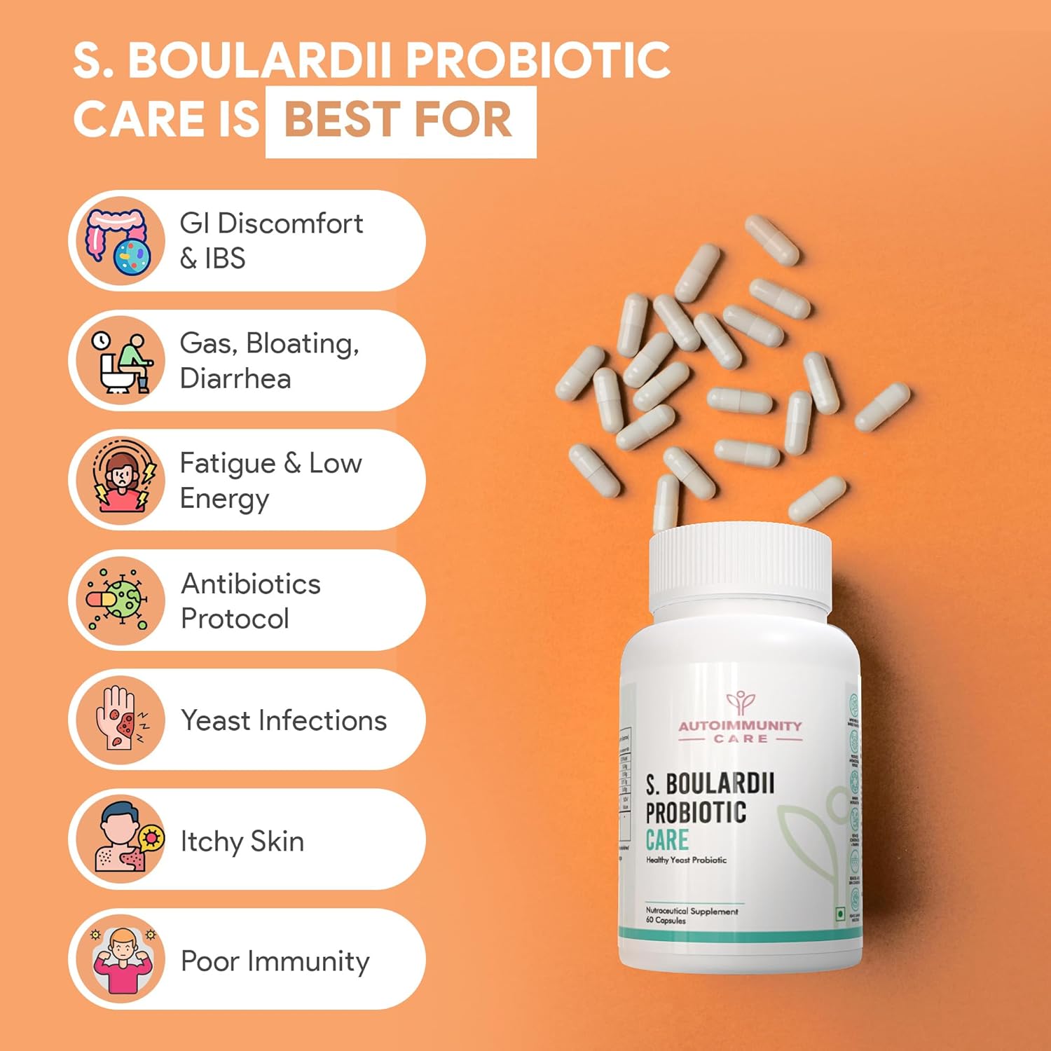 S. Boulardii Care â€“ Saccharomyces Boulardii Probiotic Supplement | 10 Billion CFU | Probiotics Supplement for Gut Health, Intestinal Lining & Microbial Balance | 60 caps (60 doses)