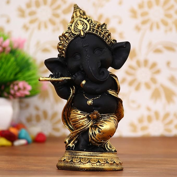 Ecraftindia Golden and Black Polyresin Lord Ganesha Idol Playing Flute Musical Instrument Decorative Showpiece