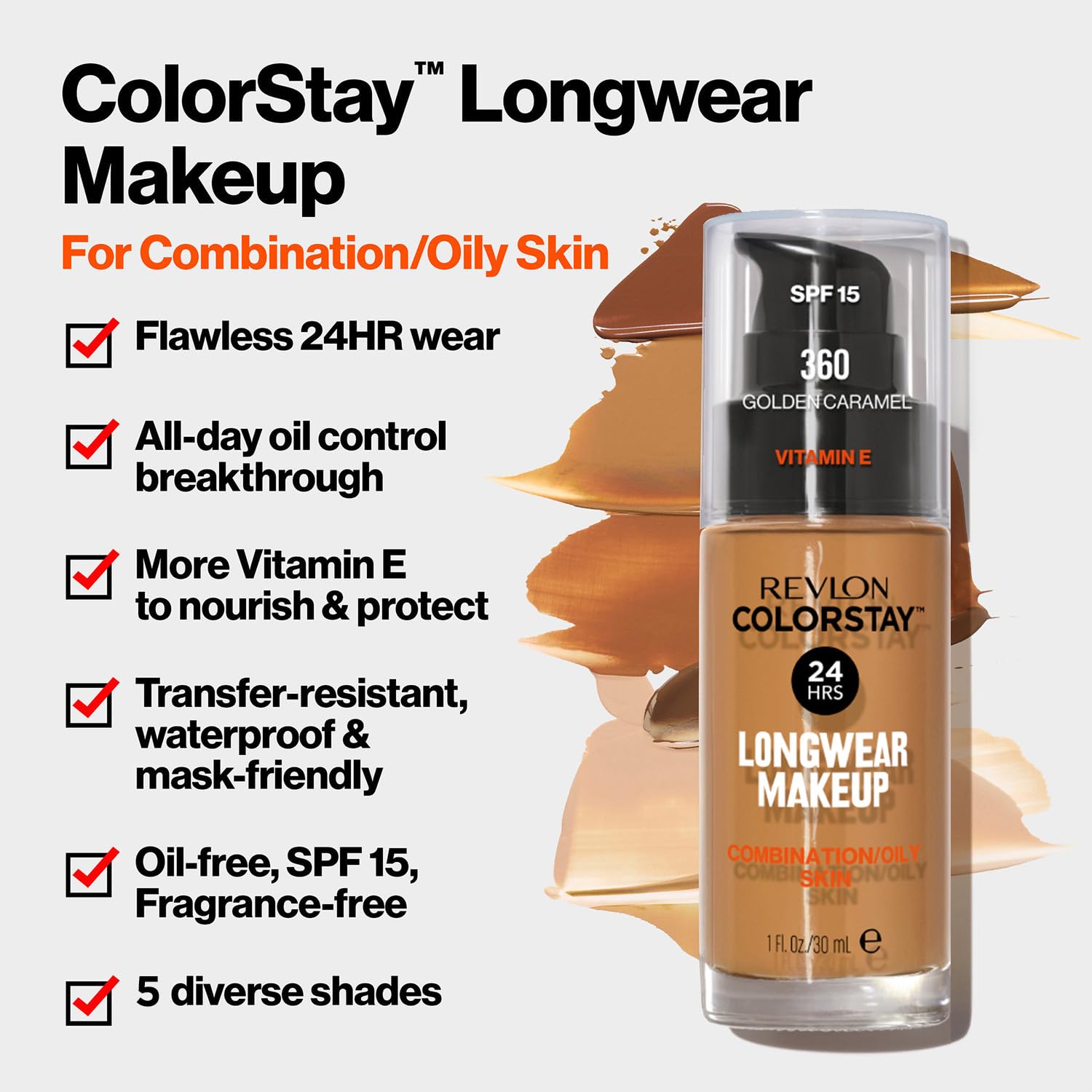 Revlon Liquid Foundation, ColorStay Face Makeup for Combination & Oily Skin, SPF 15, Longwear Medium-Full Coverage with Matte Finish, Golden Caramel, 1 Fl Oz