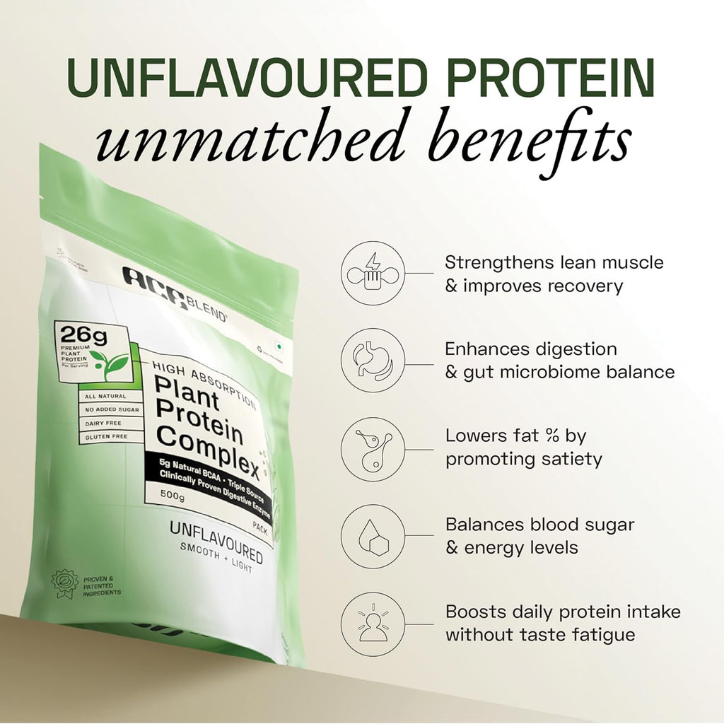 Ace Blend Unflavoured Plant Protein Triple Complex 500g | Brown Rice, Pea & Lentil | 26G / Serving | Complete Amino Acids | Gut Friendly | Soluble Food Fortifier for Aata, Dosas, Gravies, Baking