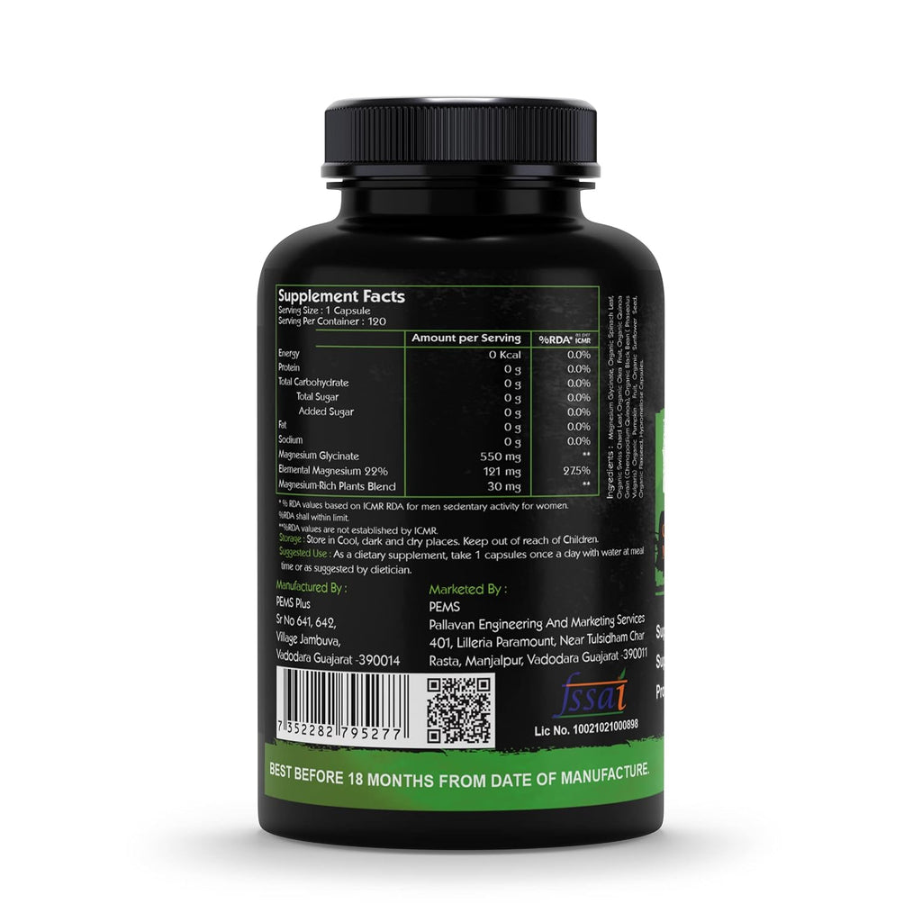 Go Organic Magnesium Glycinate Supplement Glycinate Chelate with Organic Vegetables to Support Sleep, Calm, Muscle Cramp & Stress Relief – Gluten Free, Non GMO - 120 Capsules