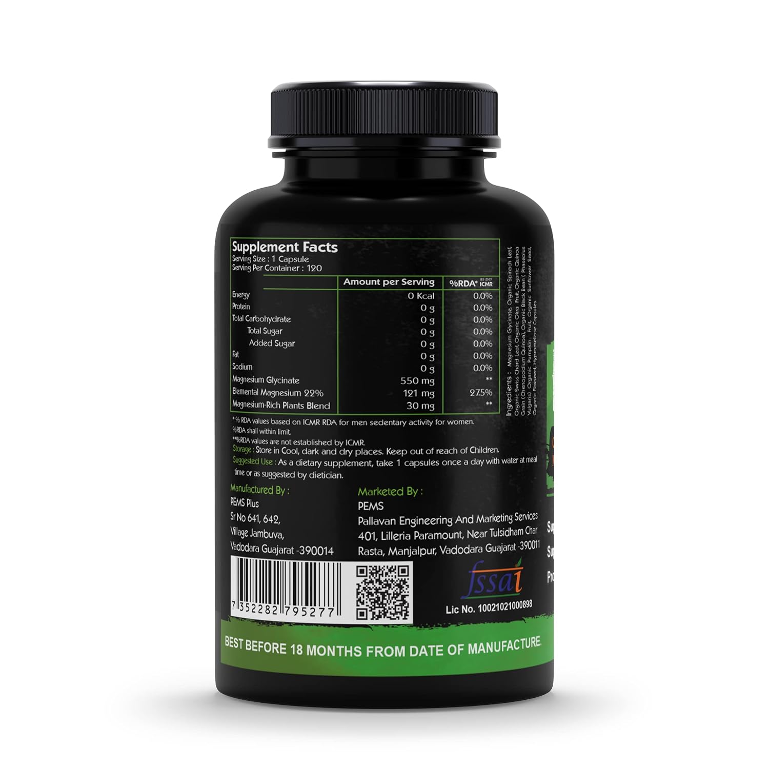 Go Organic Magnesium Glycinate Supplement Glycinate Chelate with Organic Vegetables to Support Sleep, Calm, Muscle Cramp & Stress Relief – Gluten Free, Non GMO - 120 Capsules