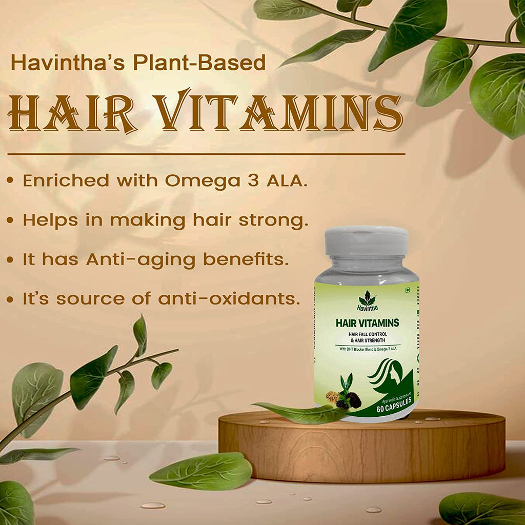 Havintha Natural Hair Shampoo With Amla, Reetha, Shikakai and Methi Dana (Advanced) 227gms And Plant Based Hair Vitamins Supplement with DHT Blocker - 60 Capsules