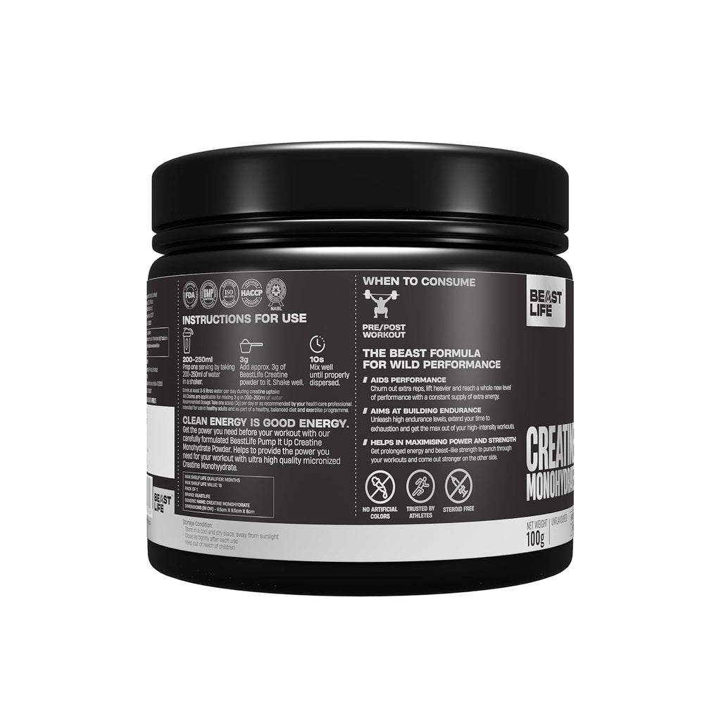 BeastLife Micronised Creatine Monohydrate with Free Shaker | 100g | 33 Servings | Unflavoured | NABL Lab Tested | Rapid Absorption for Muscle Strength & Athletic Performance | Super Micronised Creatine Powder