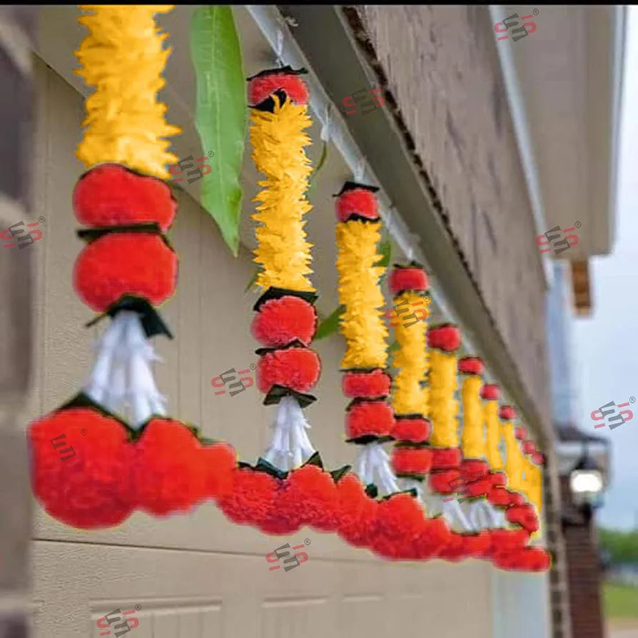 Artificial Gajra Jasmine Marigold Flower Strings Yellow Gajra with Red Flowers