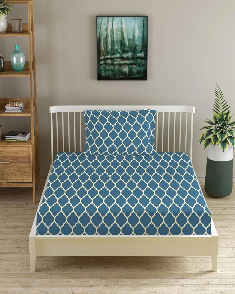 Trance Home Linen 200Tc 100% Cotton 78"X36" Single Size Elastic Fitted Bedsheet Printed Bedspread With 1 Pillow Cover Colour Dori Blue