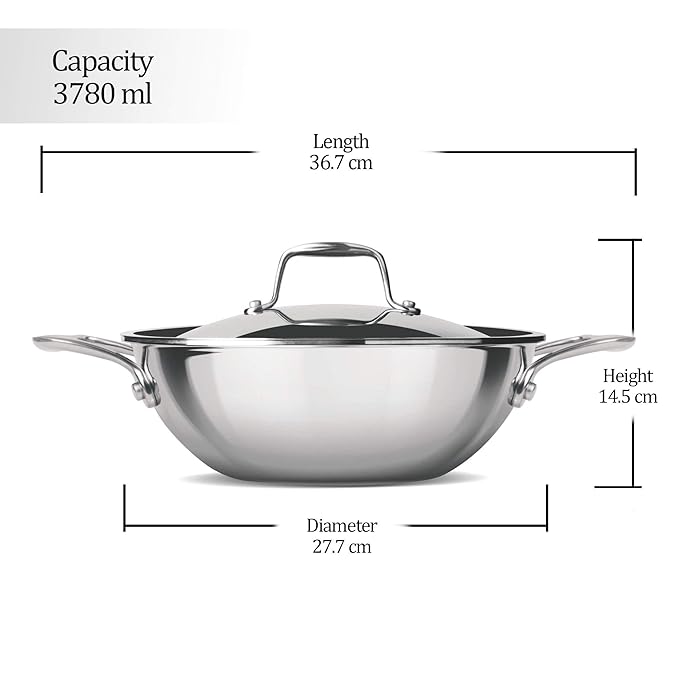 Milton Pro Cook Triply Stainless Steel 26 Cm Kadai With Lid, 3.6 Litres - 1100 gms
