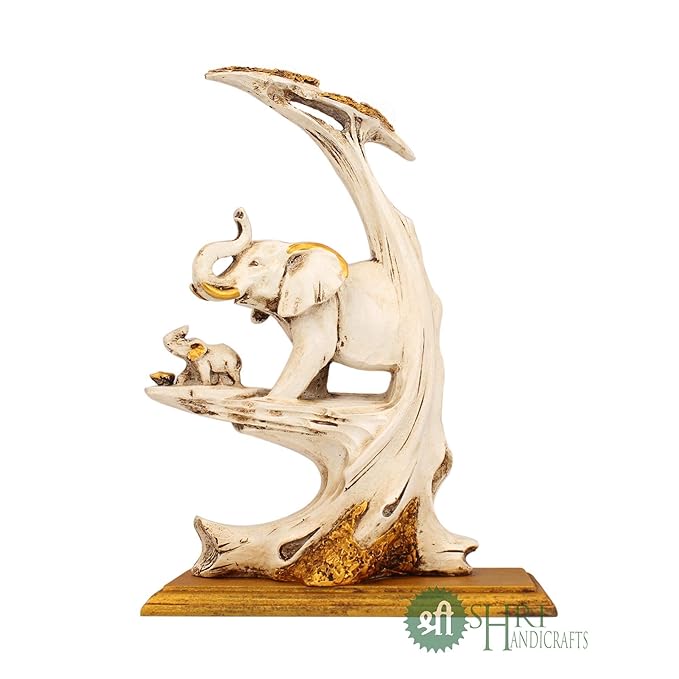 Indicast 10" Inch Resin Elephant Statue With Tree and Baby Animal Figurines Handcrafted Decorative Showpiece | White