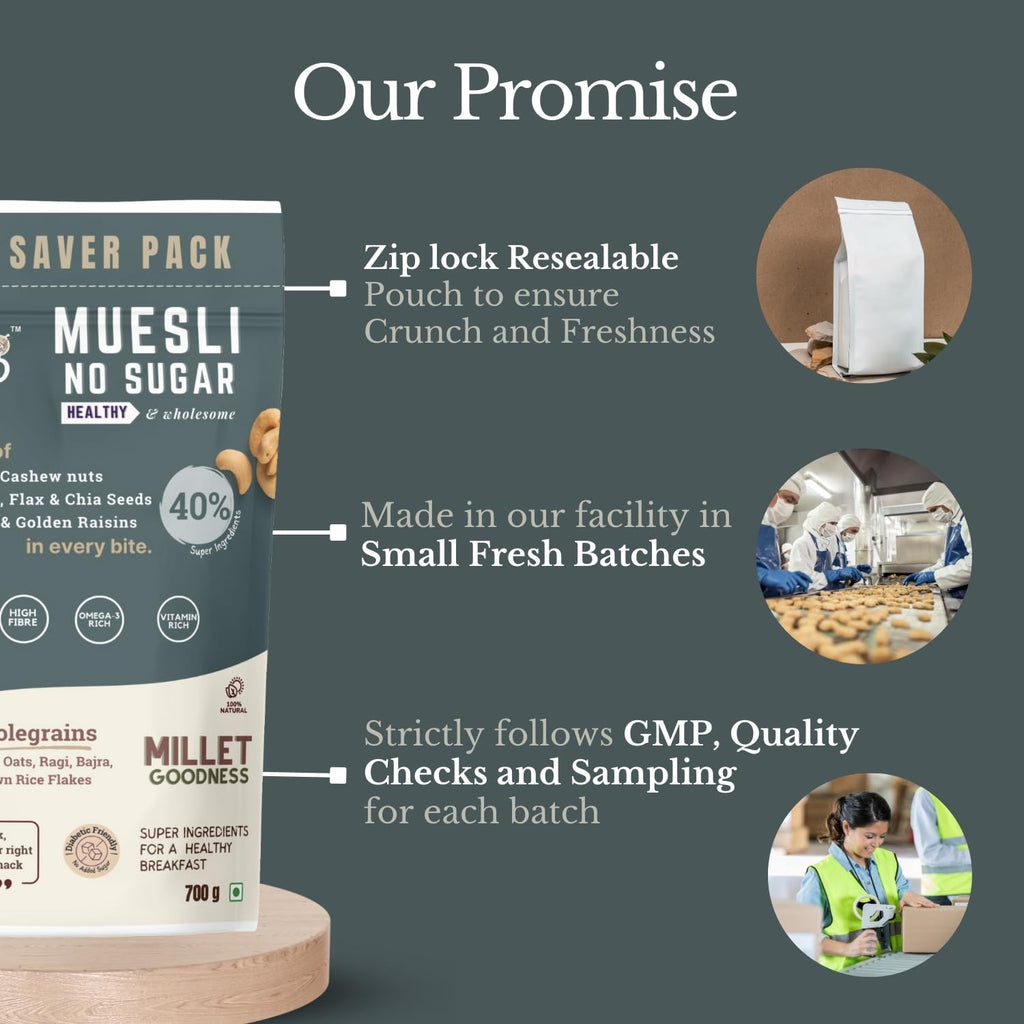 Fulfilling Muesli Sugar free - Pumpkin, Flax & Chia seeds, Dry fruit & Nuts - Rolled Oats + Millet flakes | No added Sugar snack | Gluten free Healthy Breakfast 700g