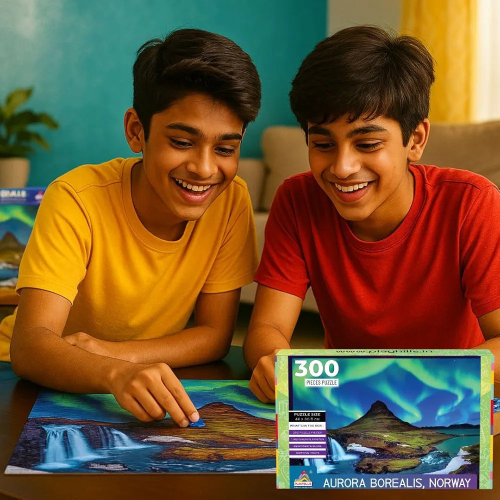 Playhills Night Sky Aurora Borealis 300 Piece Wooden Jigsaw Puzzle for Adults & Kids Digital Detox & Stress Relief Engaging for ADHD Autistic Game for 8+ Years