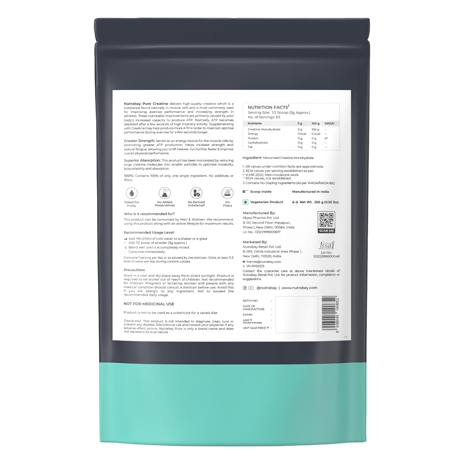 Nutrabay Pure Series Micronised Creatine Powder Monohydrate, Pre/Post Workout Bodybuilding, Crossfit Supplement, 250 g (Unflavoured)