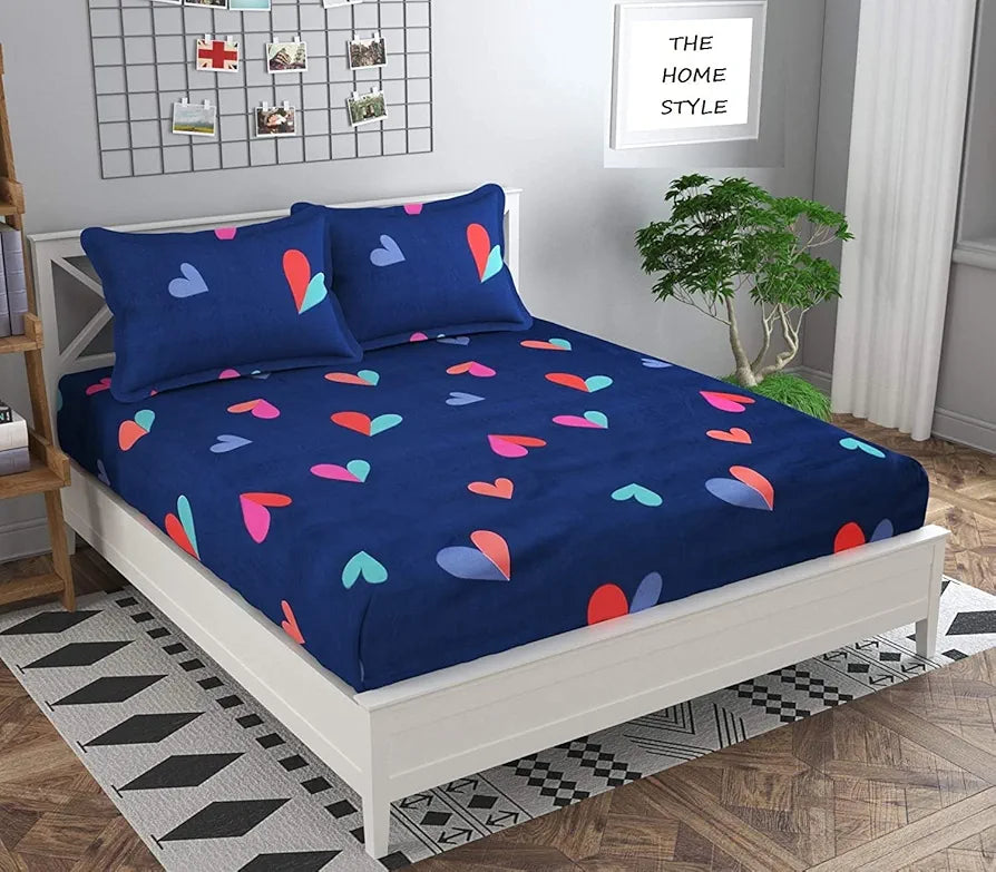 The Home Style Cotton Feel Glace Cotton All Around Elastic Fitted Printed King Size Double Bed Bedsheet With 2 Pillow Cover,300 TC Blue Heart