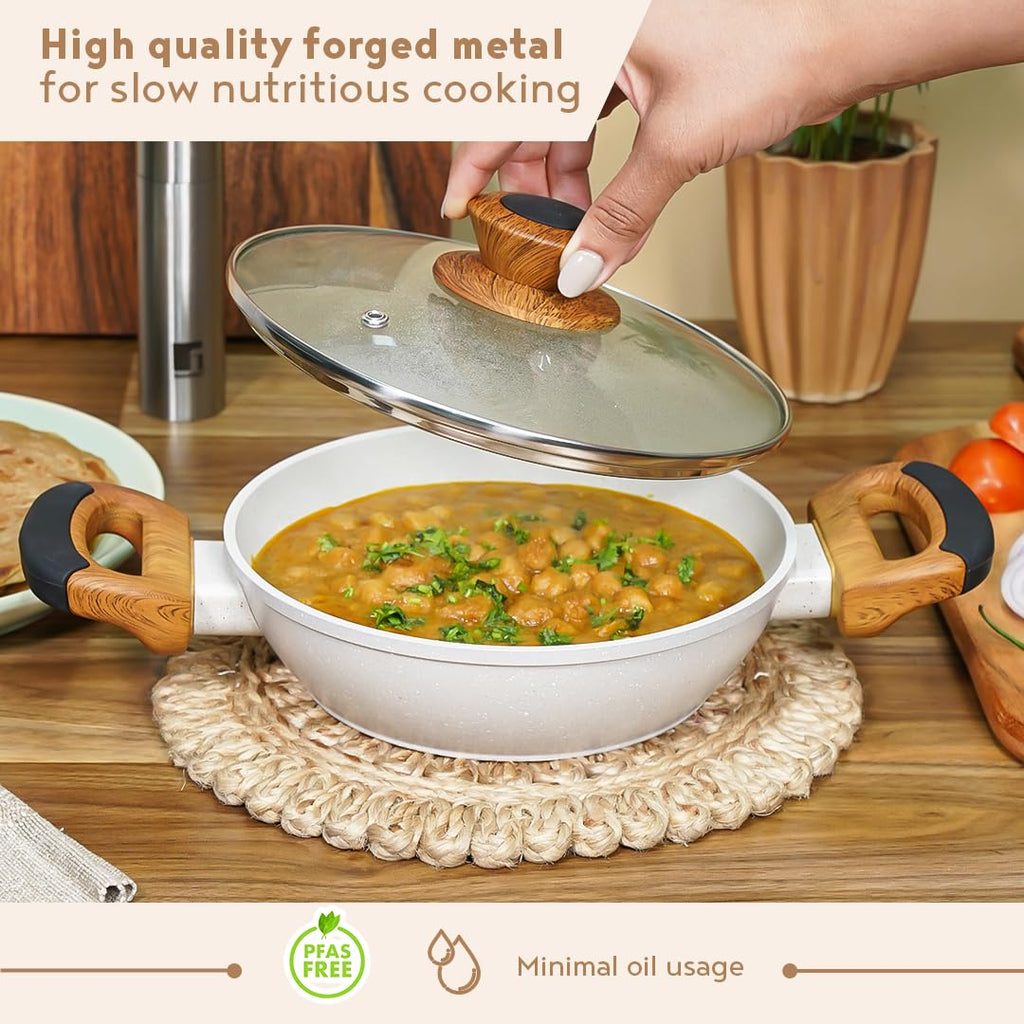 Bergner Naturally Forged Aluminum 24cm Kadai With Glass Lid | 2 Liters Non-stick Kadhai