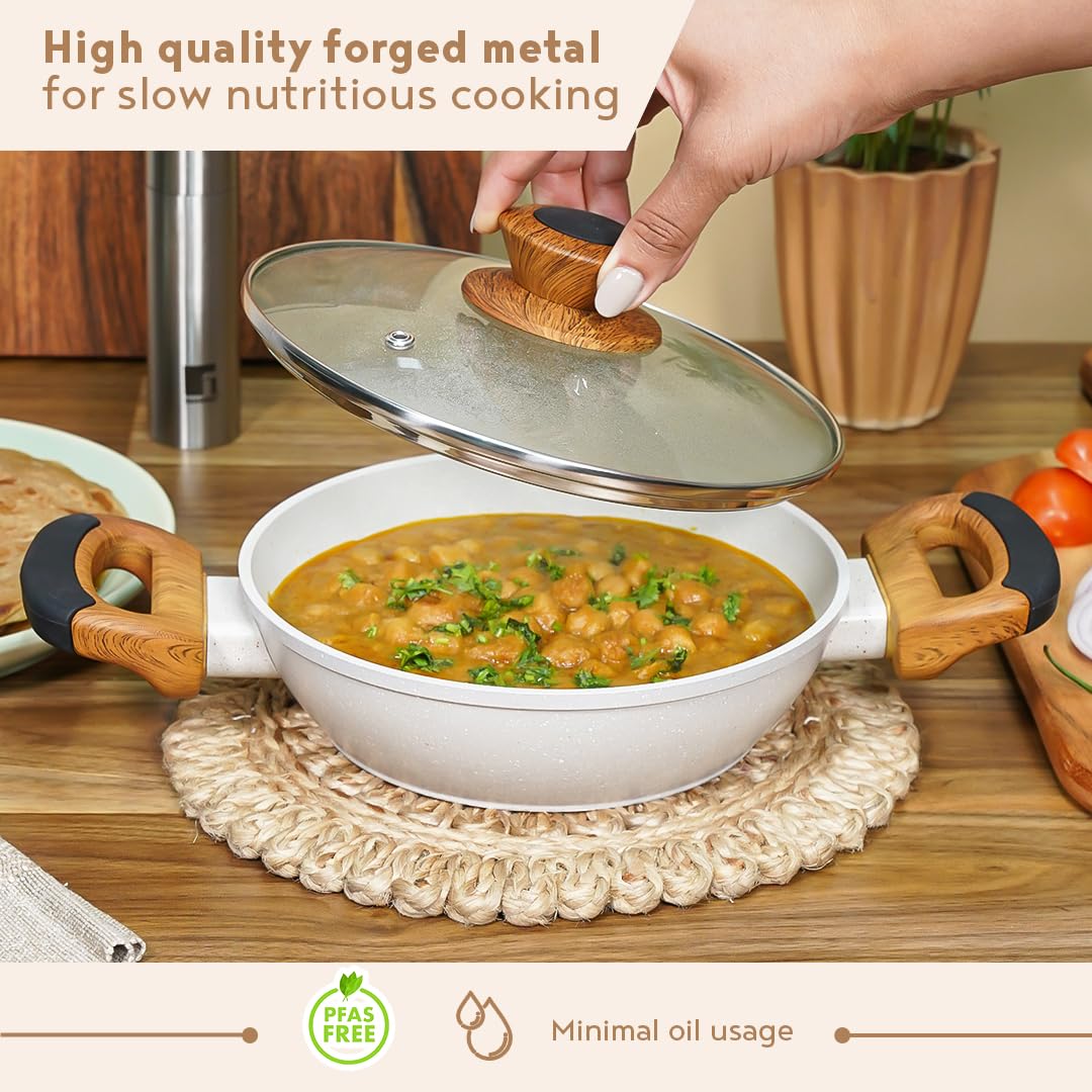 Bergner Naturally Forged Aluminum 24cm Kadai With Glass Lid | 2 Liters Non-stick Kadhai