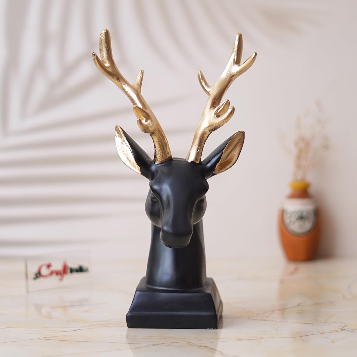 Ecraftindia Black Polyresin Reindeer Head Statue With Golden Antlers Animal Showpiece