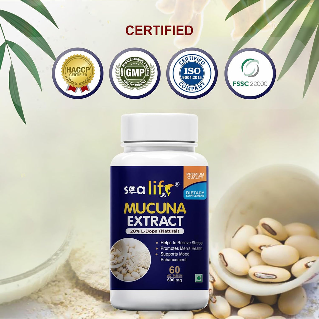 Sea Life Mucuna Pruriens Extract (60 Tablets) | Kaunch Beej | Velvet Bean | Kapikacchu | Natural L-Dopa 600mg | Stress Reliever | For Mood & Motivation Support.