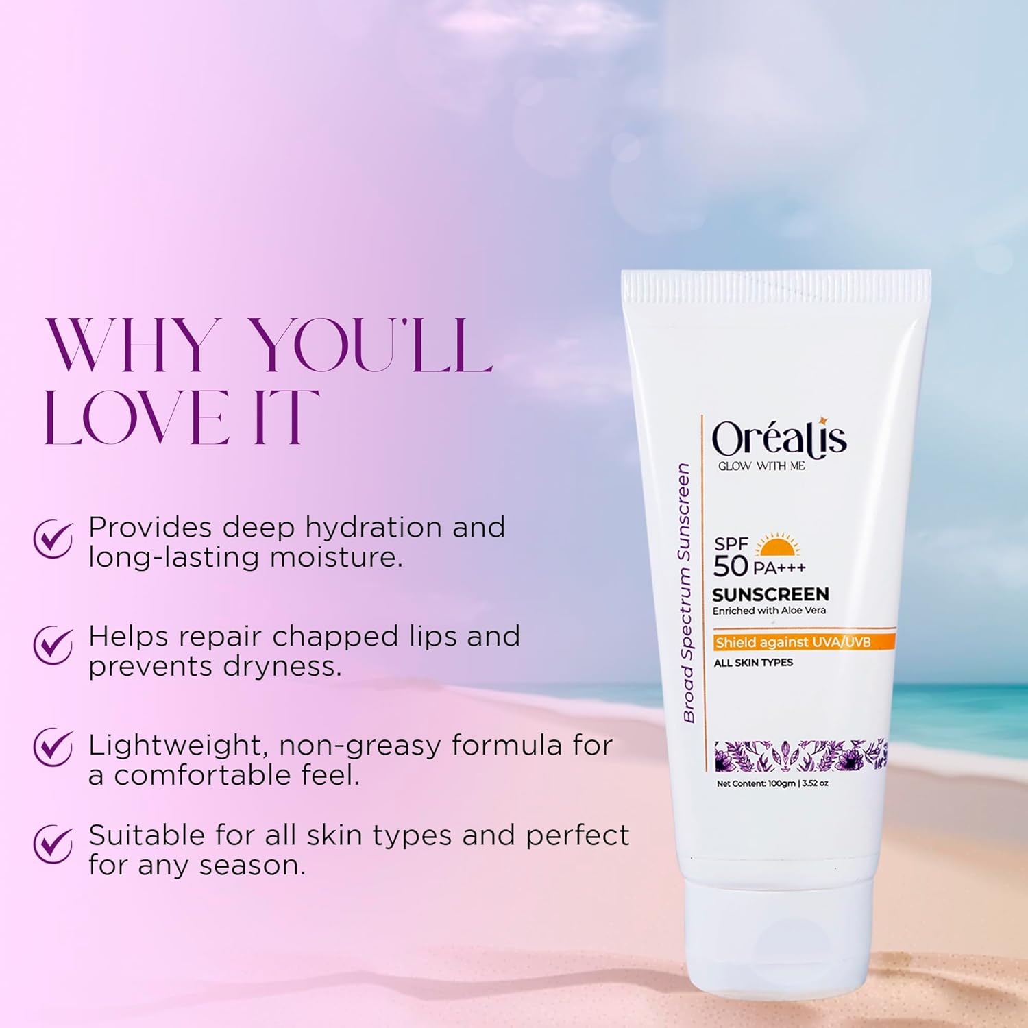OrÃ©alis Sunscreen Cream 100gm with UVA UVB PA+ Protection | Moisturizer with Aloe Vera | Broad Spectrum Lightweight Non-Greasy Face Sunscreen for All Skin Types Men & Women