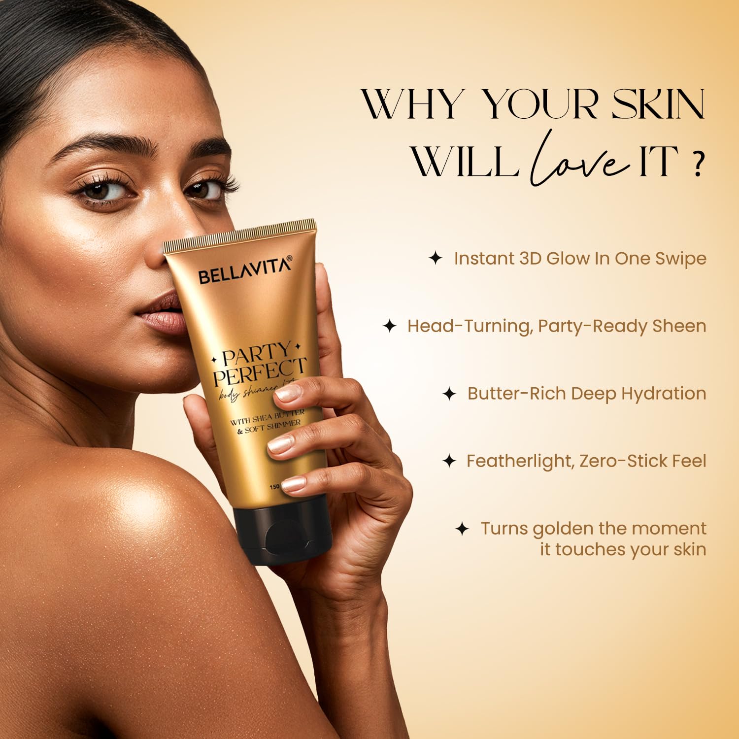 BELLAVITA Party Perfect Body Shimmer Lotion | Instant 3D Glow | Party-Ready Sheen | Butter-Rich Deep Hydration | Lightweight & Non-Sticky | 150ml