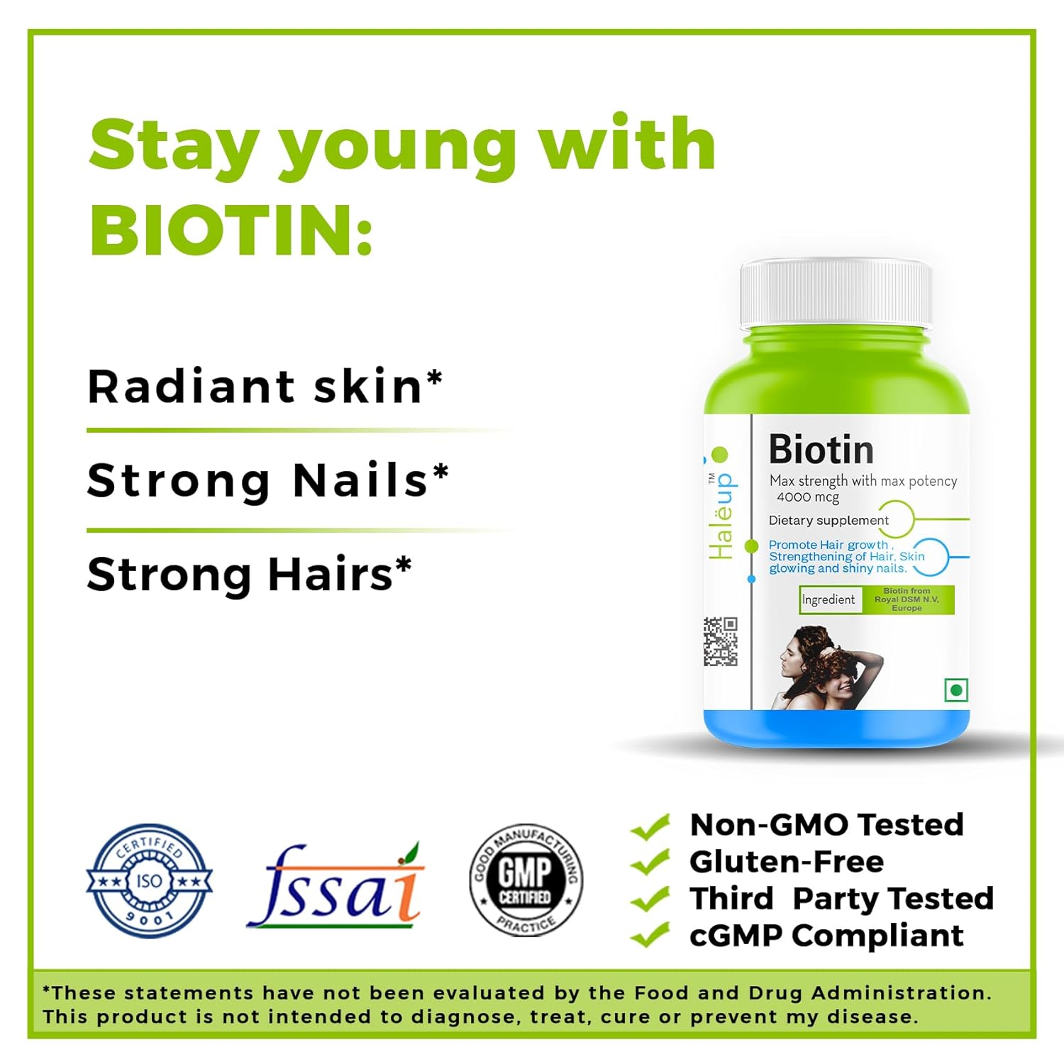 Haleup Biotin caps, Royal DSM, Switzerland – For Strong Hair & Healthy Skin –60 caps || Hair || Skin || Nails (1 Packs X 60 capsules)