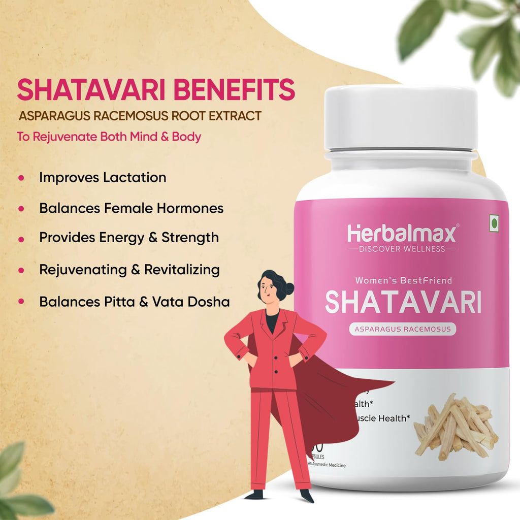 Herbalmax Organic Shatavari 400mg | Hormonal Balance & Womenâ€™s Health Supplement | Supports Lactation, Immunity, Bone & Muscle Strength, Rich in Antioxidants â€“ 60 Veg Capsules
