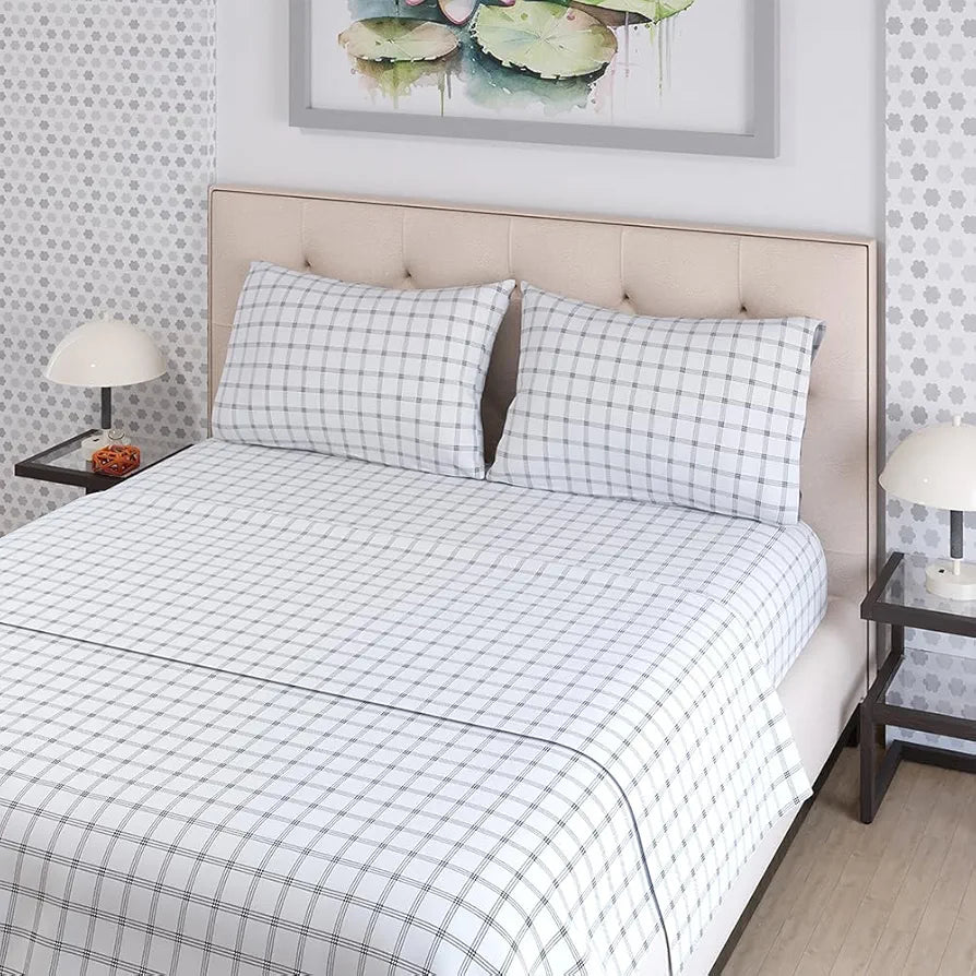 Layers Zen Cotton Blend Double Bedsheet Set 1 Double Cotton Bedsheet & 2 Pillow Covers 225 CVC White Plaid