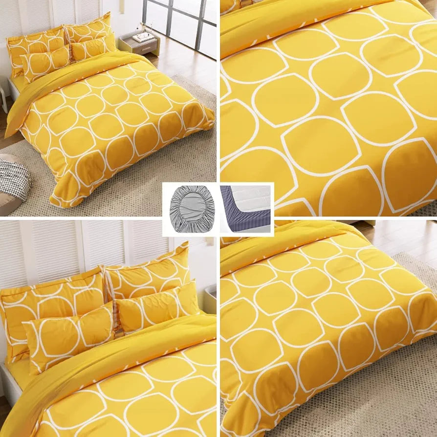 The Home Style 400 TC Supersoft Cotton Feel Glace Cotton Elastic Fitted Printed Queen Size Double Bed Bedsheet wih 2 Pillow Cover Cadet Yellow