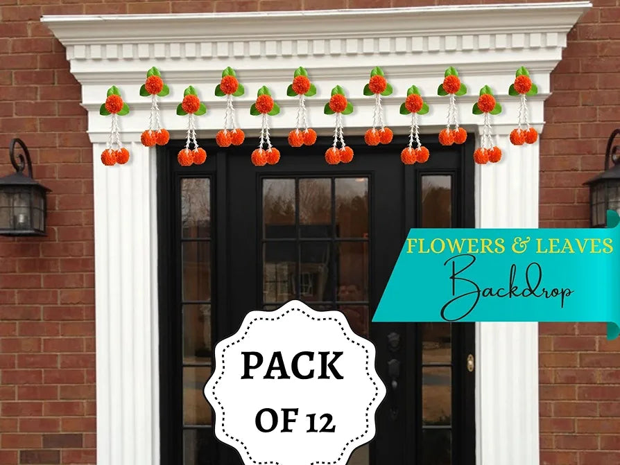 Artificial Flowers and Leaves Decoration Pack of 12 - Orange & Green