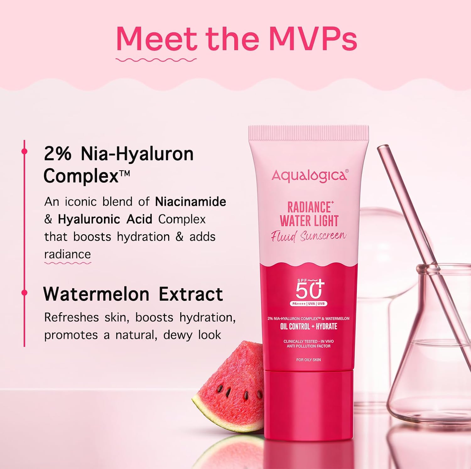 Aqualogica Radiance+ Water Light Fluid Sunscreen SPF 50+ PA++++, 50g | 2% Nia-Hyaluron Complex | Broad Spectrum UVA/UVB & Blue Light Protection | Ultra-Light Fluid | Fragrance-Free | No White Cast | Lightweight | For Men & Women