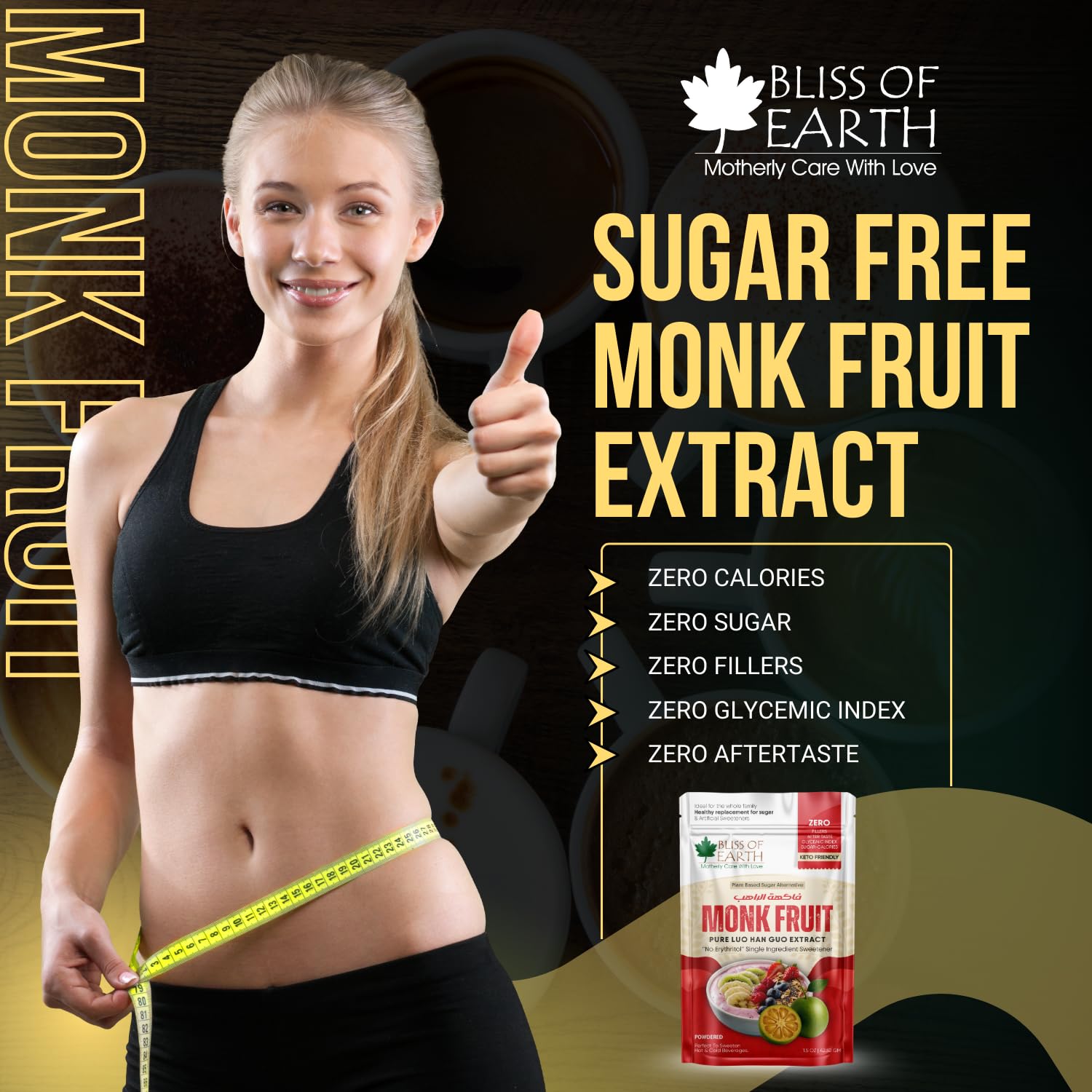 Bliss of Earth Pure Monk Fruit Extract Powder Without Erythritol, Zero Calorie Natural Sugar Free Sweetener, Keto & Diabetic Friendly, Healthy Sugar Substitute for Tea, Coffee, Baking & Cooking, 42.52gm, 850 Servings