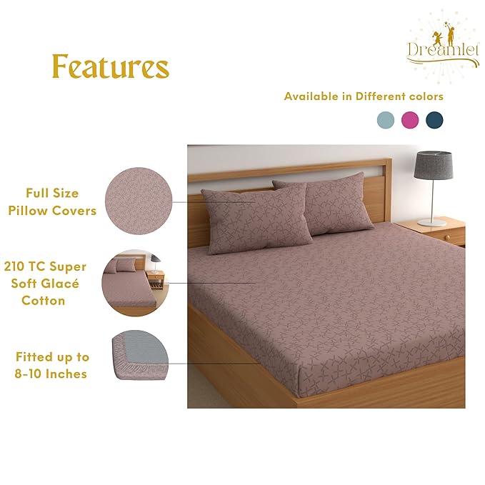 Dreamlet All Around Elastic Supersoft 210tc Premium Cotton Elastic Fitted Bedsheets With 2 King Size Pillow Covers | Brown