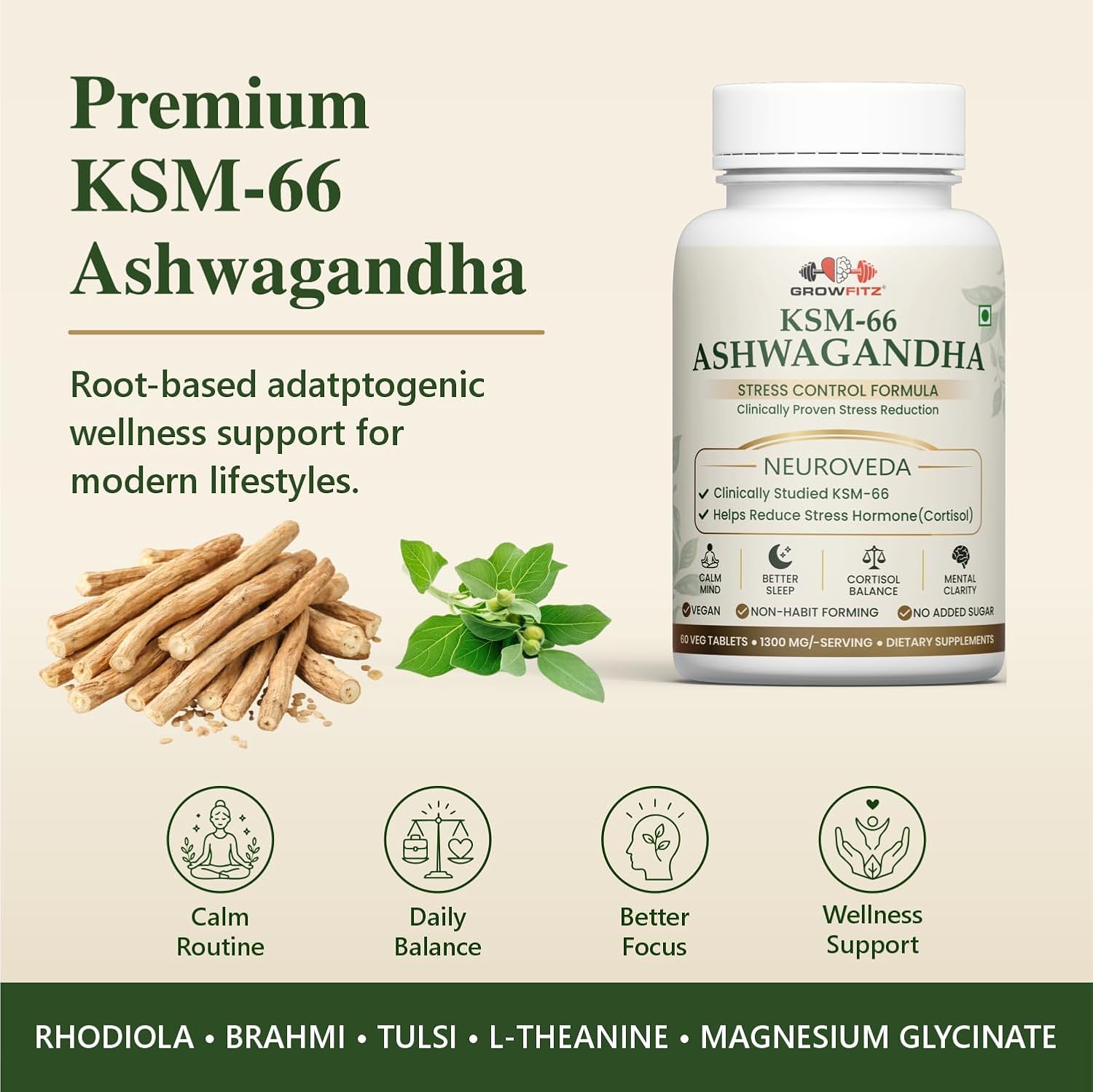 GROWFITZ KSM-66 Ashwagandha 1300mg Tablets | 60 Veg Tablets | Herbal Supplement | Supports Stress Management, Better Sleep, Muscle Recovery & Energy | for Men & Women