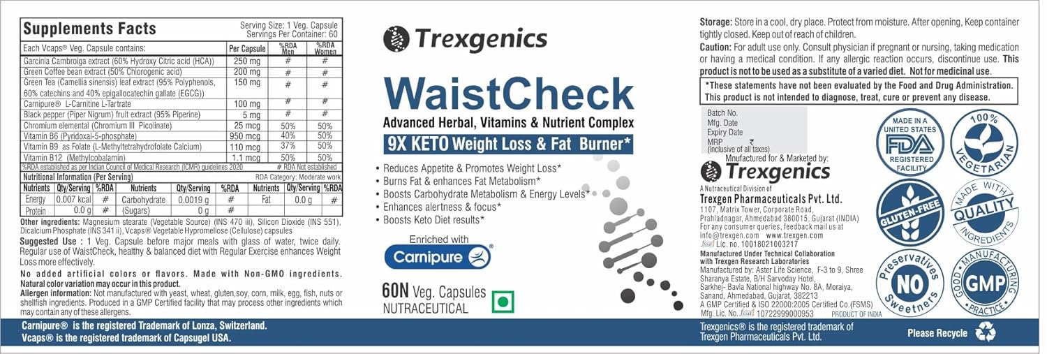 Trexgenics Waistcheck 9X Keto Weight Loss Management with Carnipure 100 Mg (Lonza, Switzerland) , 60 Veg. Capsules