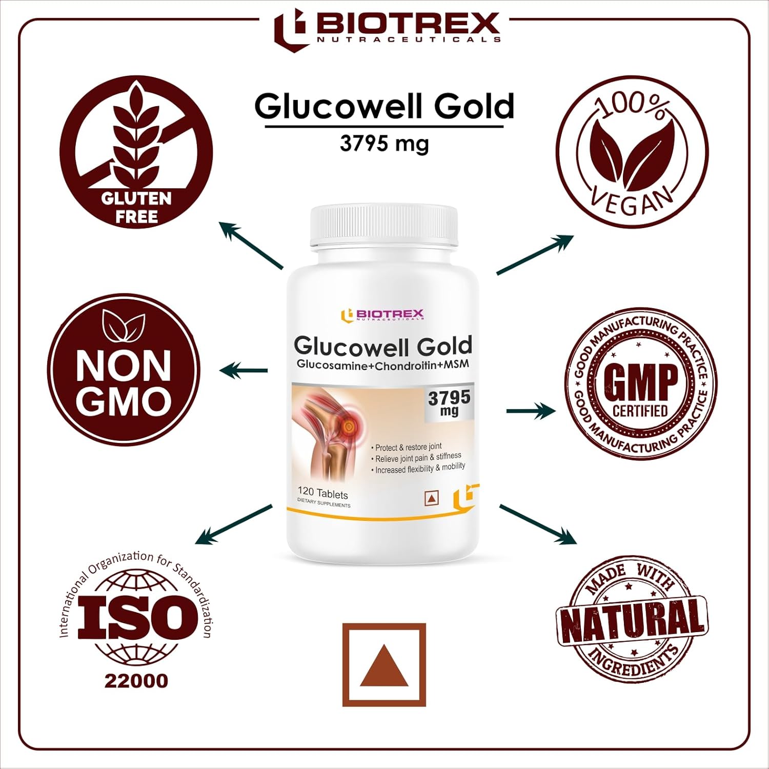 Biotrex Nutraceuticals Glucosamine+ Chondroitin + MSM 3795mg Glucowell GOLD - 120 Tablets, Cartilage & Joint Support Supplement, Glucosamine Chondroitin MSM for Joint Relieves Pain and Stiffness