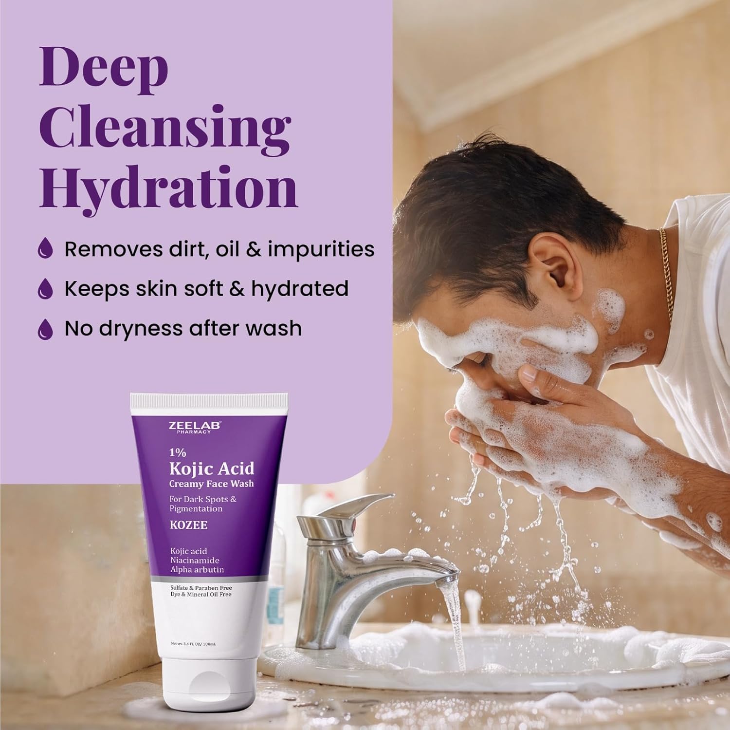 Zeelab Kozee Kojic Acid 1% Face Wash for Dark Spots & Uneven Skin Tone | With Alpha Arbutin, Niacinamide & Vitamin E | Gentle Brightening & Cleansing Face Wash | Suitable for All Skin Types | 100ml