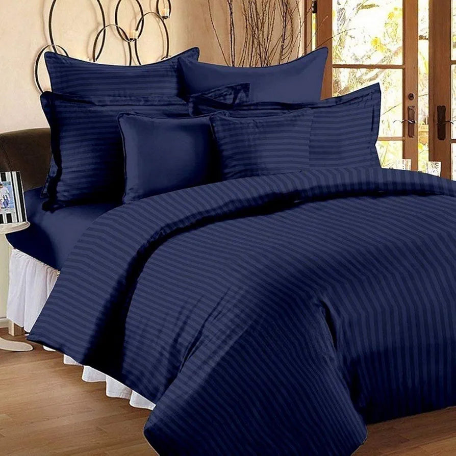 Purav Light Microfiber Flat Double Bed Bedsheet Plain Striped Cotton Bedsheet with 2 Pillow Covers for King Size Bed 340 TC Breathable Wrinklefree Navy Blue Color