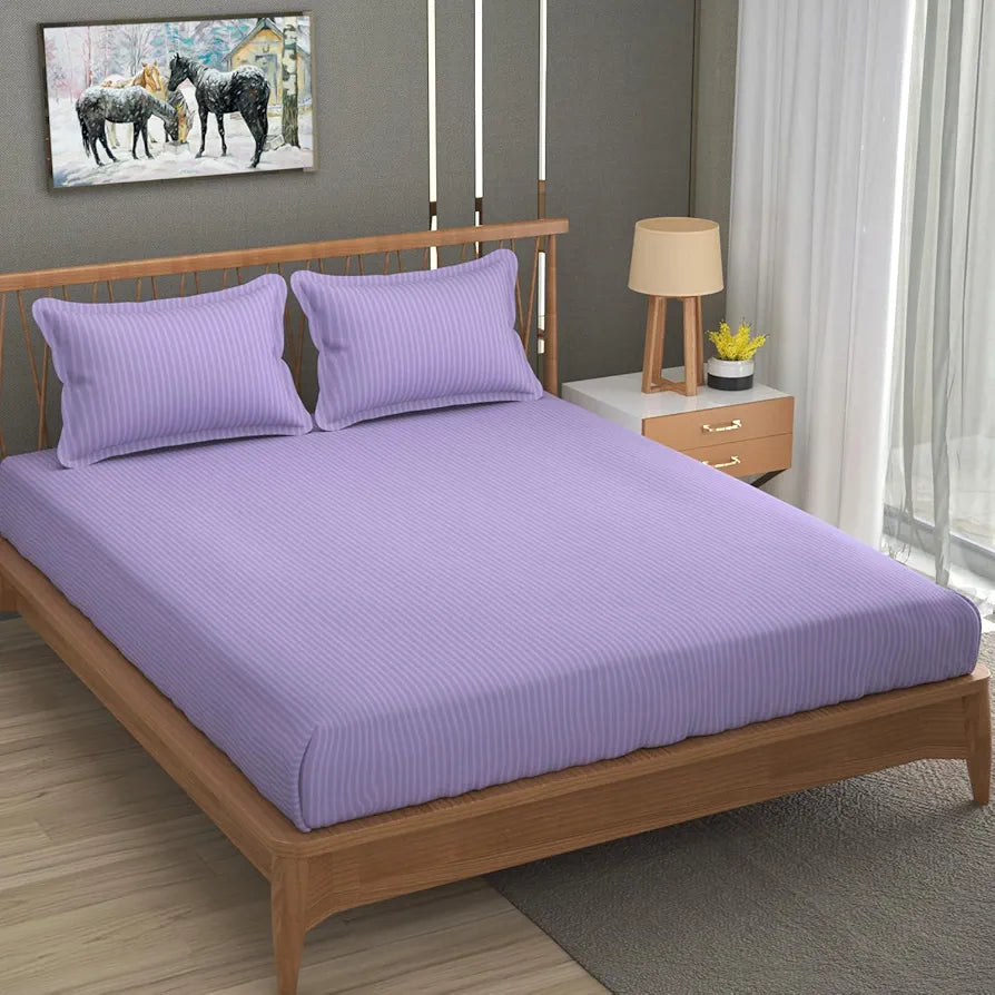 Homefab India 160 TC Stripe Cotton Feel Glace Cotton Elastic Fitted King Size Double Bed Bedsheet with 2 Pillow Covers Fits Upto 6 inches Mattress Purple