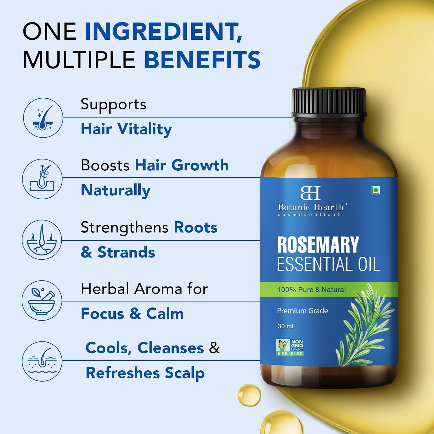 Botanic Hearth Rosemary Essential Oil for Hair Growth & Hair Fall Control | Clinically Tested 100% Pure & Natural | Strengthens, Nourishes, Promotes Thick Hair Growth | Scalp Care Treatment | 30ml