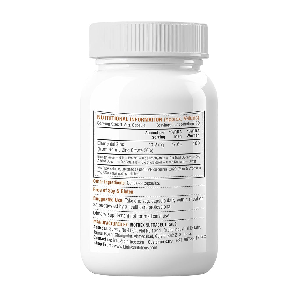 Biotrex Nutraceuticals Zinc Citrate Supplement | Immunity & Growth | Better Immune System & Overall Healing | Well Absorbed Zinc | 60 Veg Capsules