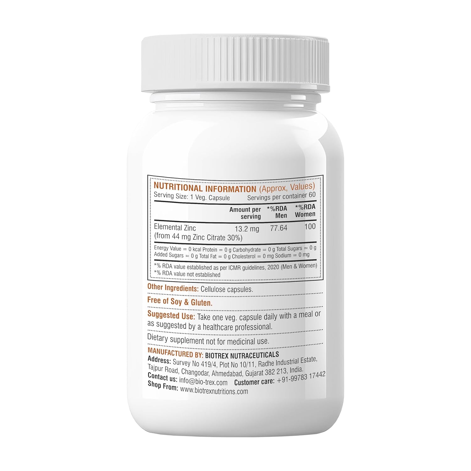 Biotrex Nutraceuticals Zinc Citrate Supplement | Immunity & Growth | Better Immune System & Overall Healing | Well Absorbed Zinc | 60 Veg Capsules