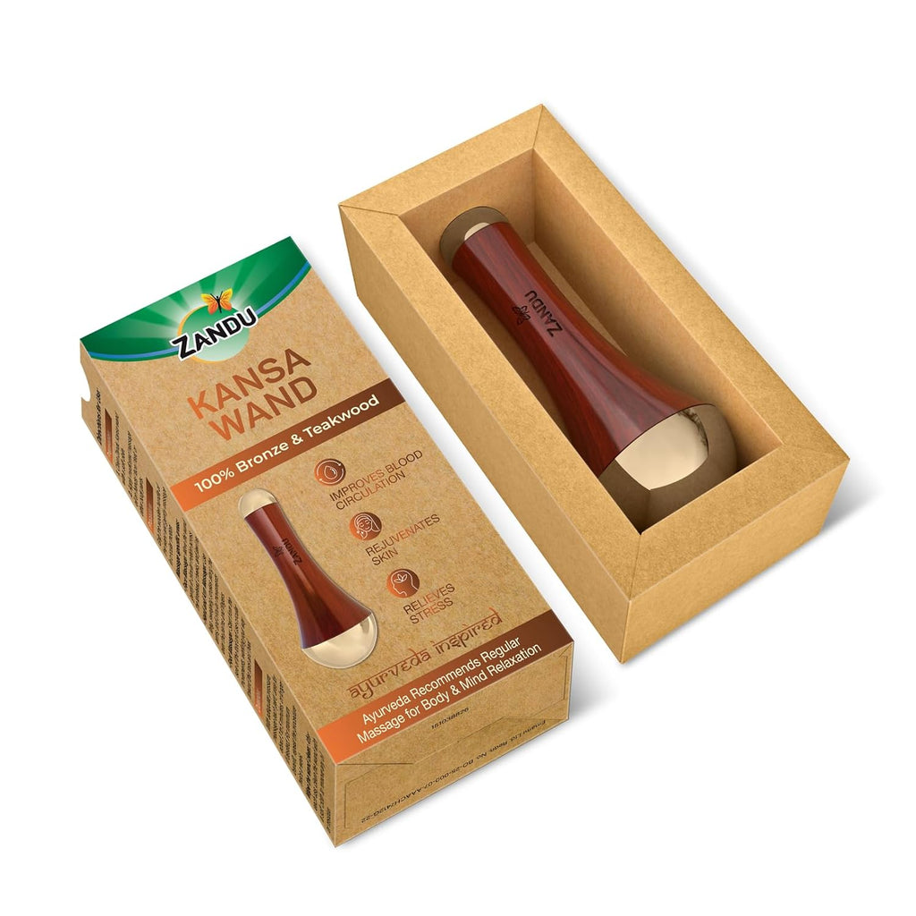 Zandu Ayurvedic Dual Sided Kansa Wand Massager | 100% Bronze & Teakwood handleâ€“ Portable Face, Neck, Body & Foot Massager | Promotes Relaxation & Improves Blood Circulation | Face Yoga Wellness Tool
