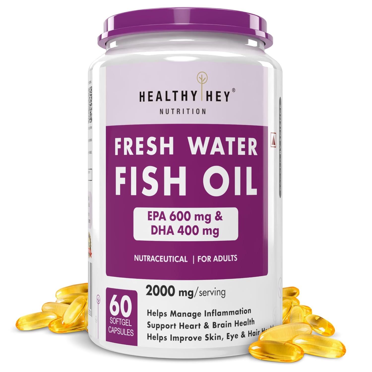 HealthyHey Nutrition Fresh Water Fish Oil - 2000 Mg/serving - 60 Softgel Capsules (600 EPA & 400 DHA)