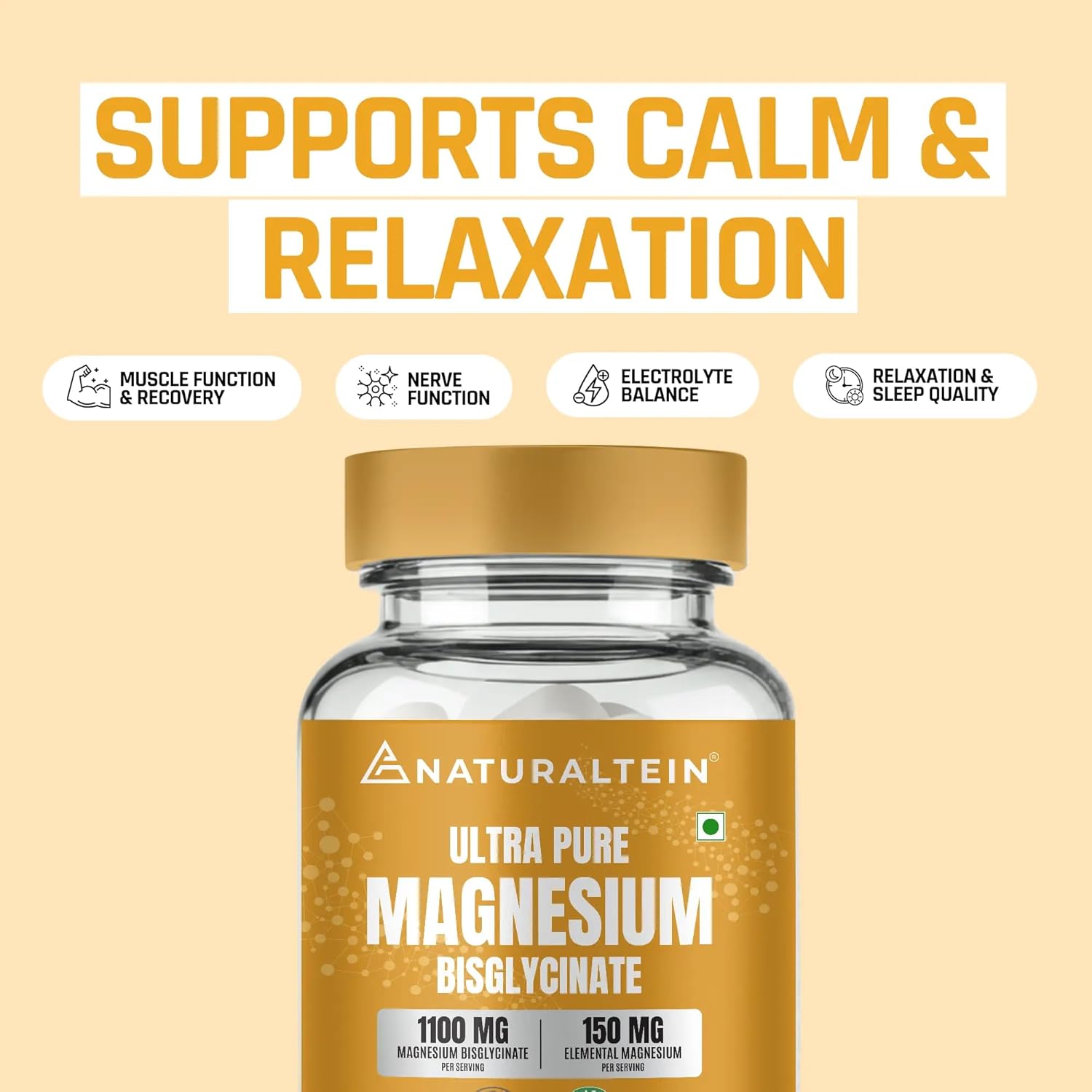 Naturaltein Magnesium Glycinate 1100mg (150mg Elemental) | Chelated High Absorption Magnesium | Supports Sleep Quality & Normal Muscle Function | Glyphosate Tested | 30 Tablets