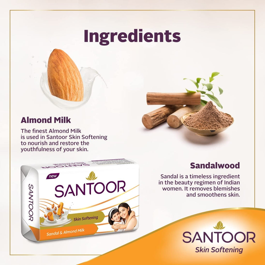 Santoor Skin Softening Sandal & Almond Milk Bathing Soap - 125 gms (Pack of 5)