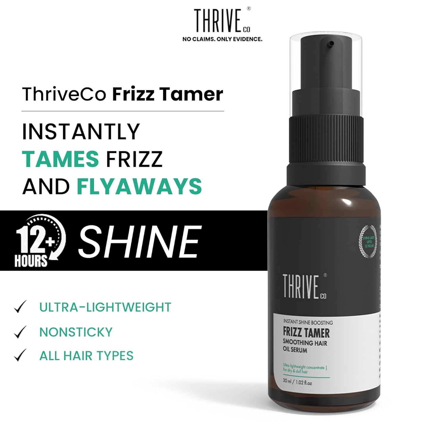 ThriveCo Frizz Tamer Smoothing Hair Oil Serum | For Smooth & Frizz-Free Hair | Gives Shine Up To 12 Hours | Hydrates Frizzy, Dry & Dull Hair | With Jojoba Oil, Mahua Oil | For Men & Women | 30ml